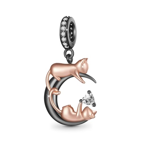 GNOCE Damen Charm Perle Tierliebhaber Herz 925 Sterling Silber Liebe Katze Anhänger mit Zirkonia Fit Alle großen Marken von Armband/Halskette (Mond&Katzen) von GNOCE