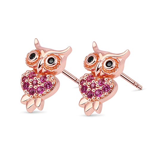 GNOCE Damen Ohrstecker Silber 925 Kinder Weiße Katze mit Blume Eule Gold Plated Hirsch Schmetterling Ohrringe Tiere Set Mode Ohrringe Geschenk für Frauen Mädchen (Eulen-Roségold) von GNOCE