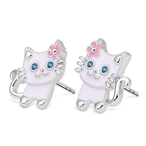 GNOCE Damen Ohrstecker Silber 925 Kinder Weiße Katze mit Blume Eule Gold Plated Hirsch Schmetterling Ohrringe Tiere Set Mode Ohrringe Geschenk für Frauen Mädchen (Katze- Weiße) von GNOCE