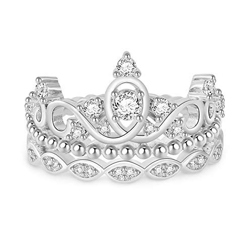 GNOCE Damen Prinzessin Kronen Band Ring Set in S925 Silber mit weiß glänzenden Zirkonen Hochzeitring Verlobung Jahrestag Versprechen Braut Sets Ring für Frauen Mädchen (Silber, 60 (19.1)) von GNOCE