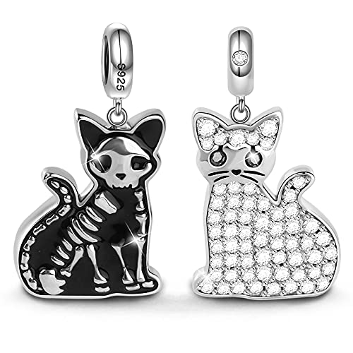 GNOCE Doppelseitige Katze Charm Anhänger 925 Sterling Silber "Schrödingers Katze" Skelett Knochen Perlen Charms für Armbänder Halsketten Geschenke für Damen Herren von GNOCE