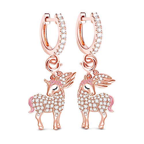 GNOCE Einhorn 925 Silber 18K Rose Gold Plattiert Danglers Ohrringe Göttliche Seele und Geist Mode Schmuckgeschenk für Damen Frau Mädchen von GNOCE