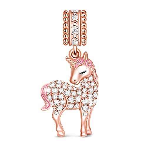 GNOCE Einhorn Charm Anhänger 925 Sterling Silber Bead Charms mit Zirkonia Roségold Charm Schmuck für alle Armbänder Halsketten Geschenke Bijouterie Damen Mädchen Baby (Roségold) von GNOCE