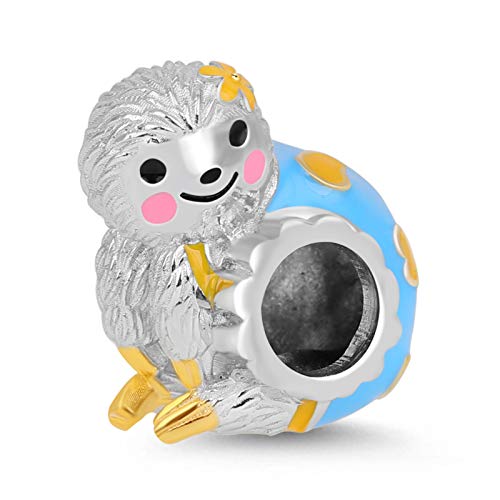 GNOCE Faultier Charms Anhänger mit gelber Blume aus 925 Sterling Silber Passt Alle Armbänder und Halsketten Geschenk für Frau Mädchen Kinder von GNOCE