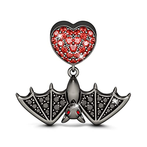 GNOCE Fliegen Schläge Charm Anhänger 925 Sterling Silber "Fliegende Fledermaus Wunder der Natur" Schwarz Perlen Charms mit Rotes Herz für Armbänder Halsketten Geschenke für Damen Herren von GNOCE