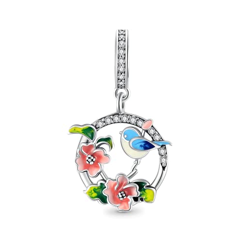 GNOCE Fliegende Schmetterlinge/Hase Anhänger Charms 925 Sterling Silber Baumelnde Perle Schmuck Geschenk für Frauen Mädchen Tochter Fit Armbänder/Halskette (Vogel & Blumen) von GNOCE