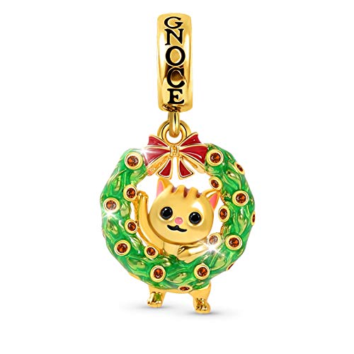 GNOCE Frohe Weihnachten Charms Anhänger Sterling Silber Rose Gold Plated Tiere Beads Charm set Fit Armband/Halskette Weihnachten Geschenk für Frauen Mädchen (Katze mit Kranz) von GNOCE