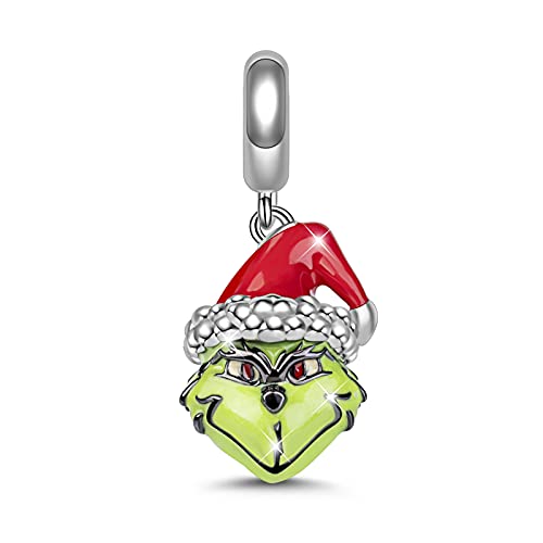 GNOCE Grün Monster Charm Anhänger mit Weihnachtsmütze S925 Sterling Silber Verschiedene Weihnachten Charm Perlen für Armband Halskette Weihnachts Schmuck Geschenk (Grün) von GNOCE