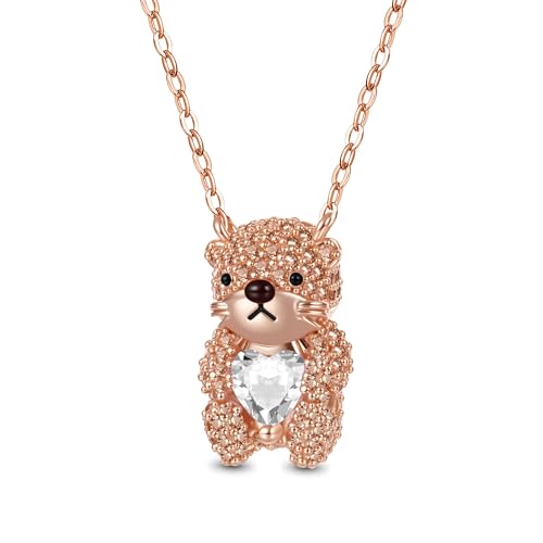 GNOCE Halskette Niedliche Brooke Otter umarmt Herz Geburtsstein Halskette 925 Sterling Silber Geschenk Schmuck für Mädchen Kinder (April-Kristall) von GNOCE
