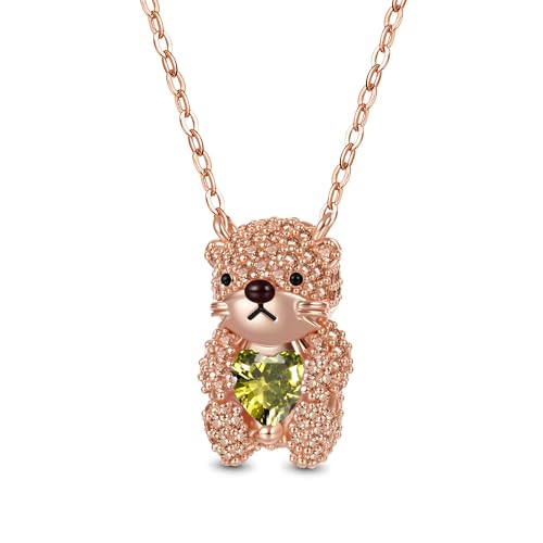 GNOCE Halskette Niedliche Brooke Otter umarmt Herz Geburtsstein Halskette 925 Sterling Silber Geschenk Schmuck für Mädchen Kinder (August-Peridot) von GNOCE