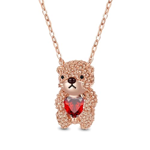 GNOCE Halskette Niedliche Brooke Otter umarmt Herz Geburtsstein Halskette 925 Sterling Silber Geschenk Schmuck für Mädchen Kinder (Januar-Granat) von GNOCE