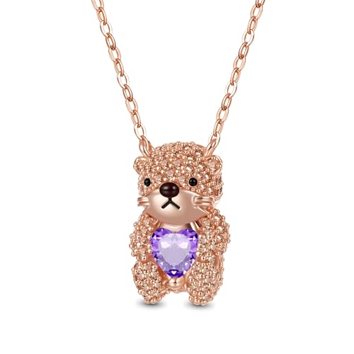 GNOCE Halskette Niedliche Brooke Otter umarmt Herz Geburtsstein Halskette 925 Sterling Silber Geschenk Schmuck für Mädchen Kinder (Juni-Tiefer Amethyst) von GNOCE