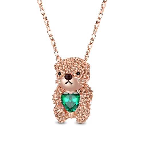 GNOCE Halskette Niedliche Brooke Otter umarmt Herz Geburtsstein Halskette 925 Sterling Silber Geschenk Schmuck für Mädchen Kinder (Mai-Smaragd) von GNOCE