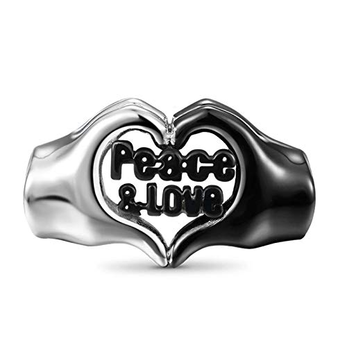 GNOCE Herz Charms Perle mit Peace & Love Gravur 925 Sterling Silber Hand in Hand Beads Charm Fit Armband/Halskette für Frauen Mädchen Herren von GNOCE