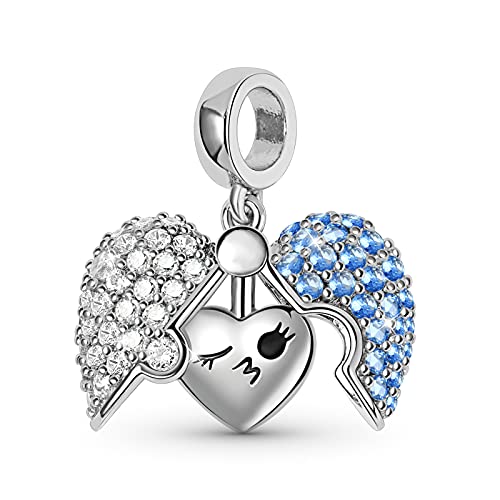 GNOCE Herz Medaillon Anhänger Charms Sterling Silber Blau Zirkonia Stein Charms mit Love Print Fit Armband/Halskette Geschenk für Frauen Mädchen Tochter von GNOCE