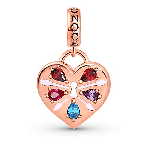 GNOCE Herzsperre Charms Anhänger Sterling Silber 18 Karat Roségold Schloss Charms Perlen mit Birnenschliff Mehrfarben Steine Fit Armband/Halskette Geschenk Für Frauen Mädchen von GNOCE
