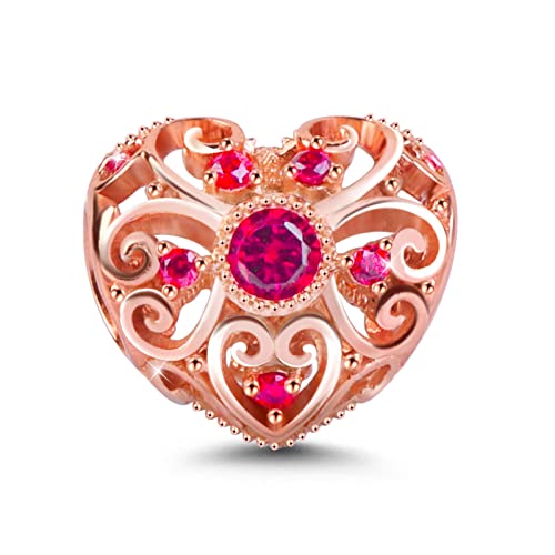 GNOCE Hohles Herz Personalisierte Geburtsstein Charm 925 Silber Dangle Birthstone Beads Charm Fit Armband/Halskette für Frauen Mädchen Tochter (Oktober-Rosenquarz) von GNOCE