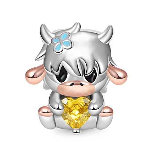GNOCE Kalb umarmt Herz Edelstein Charm Bead 925 Sterling Silber Tiere Charms Schmuck Geschenk für Mädchen Frau passend Schlangenkette Armbänder/Halskette (Jak) von GNOCE
