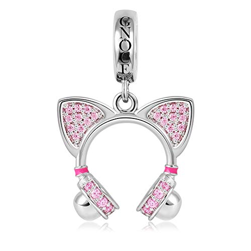 GNOCE Katzenohren Kopfhörer Charm Anhänger Sterling Silber Charm mit Rosa Zirkonia Stein Passt Alle Armband/Halskette Geschenk für Frauen Mädchen Musikliebhaber von GNOCE