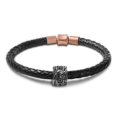 GNOCE Lederarmband für Männer Frauen Kupfer Schwarz Herren Geflochtenes Echtlederarmband mit S925 Silber Schädel & Rose Charm Punk Handgelenk Manschette Armband Geschenk für Männer (21) von GNOCE