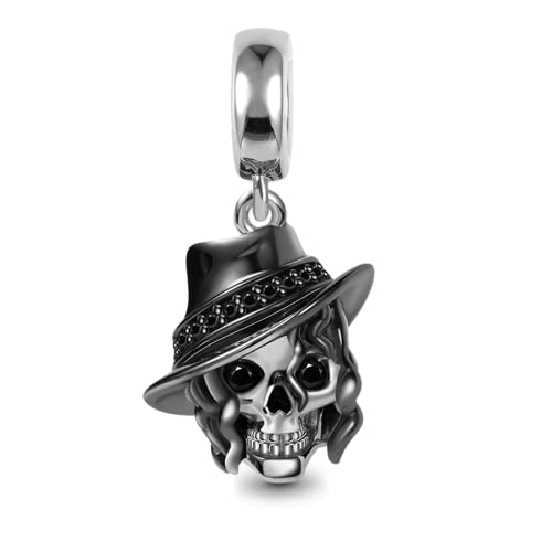 GNOCE Lockiges Haar Totenkopf mit Hut Anhänger Charm Sterling Silber Schwarz Überzogen Baumeln Charms Bead Fit Armband/Halskette Schmuck Geschenk Für Frauen Mädchen Tochter Herren von GNOCE