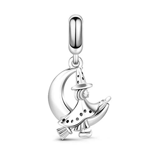 GNOCE Damen Charm Armband Elfe Magic Kleine Hexe Besen Charm Anhänger 925 Sterling Silber Mond & Zauberhexe Perlen Charms für Armbänder Halsketten Halloween von GNOCE