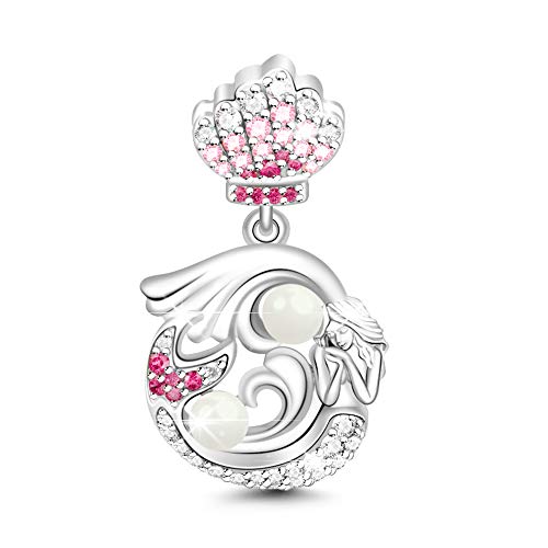 GNOCE Meerjungfrau Charm Anhänger 925 Sterling Silber Rose Gold plattiert "Sei Mutig zum Leben" Bead Charms mit Perle Zirkonia Charm Schmuck für alle Armbänder Halsketten (2Silber) von GNOCE