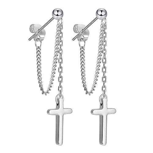 GNOCE Ohrringe Kreuz Silber 925 Cross Dangle Drop Ohrringe mit kette Damen Herren Hängend Ohrringe Stecker Modeschmuck Geschenk für Mädchen Jugend von GNOCE