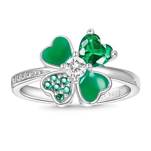 GNOCE Patricks Day irische vierblättrige Kleeblatt Kleeblatt Ringe für Frauen Herz 925 Sterling Silber Prom Mode grün Liebe Diamant Kristall Smaragd Schmuck (Silver 6) von GNOCE