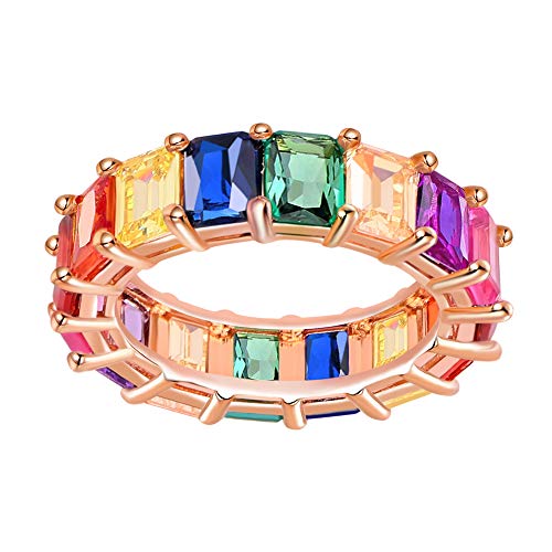 GNOCE Ring Damen Bunte Steine Roségold Frauen Bandringe Regenbogen Baguette geschnittene Ringbänder mit bunten Zirkonia Ewigkeit Eheringe Versprechen Ringe für Sie (Rosegold, 50 (15.9)) von GNOCE