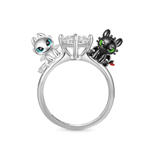 GNOCE Ring How to Train Your Dragon - 'Drachenliebe' Ohnezahn & Lichtwut Ring 925 Sterlingsilber Schwarz Ring Herz CZ Stein Geschenk Ring Für Damen Mädchen mit Schmuckschatulle zum Valentinstag (7) von GNOCE