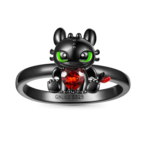 GNOCE Ring How to Train Your Dragon Ohnezahn umarmt Herz Ring 925 Sterlingsilber Schwarz Ring Herz CZ Stein Geschenk Ring Für Damen Frau mit Schmuckschatulle zum Valentinstag (6) von GNOCE