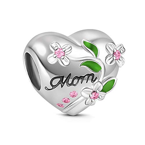 GNOCE Rosa Blume Herzform Sterling Silber Perle Charm mit Mom Eingraviert Passend für Armband/Halskette Schmuck Geschenke für Mutter Zu meiner Geliebten Mutter von GNOCE