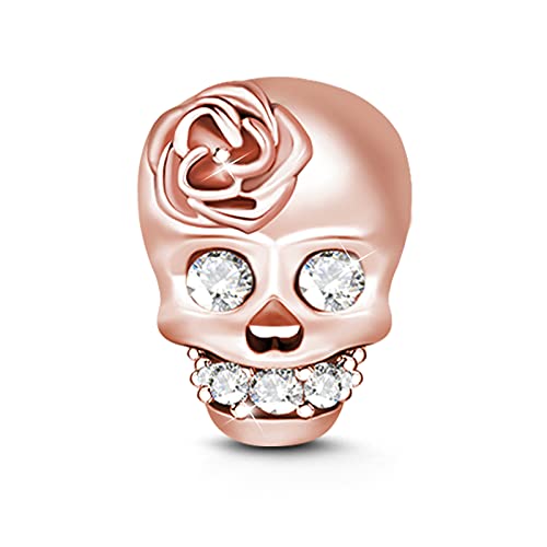 GNOCE Rose Gold Schädel Charm Bead S925 Sterling Silber Verrückt nach dir Charm Perlen mit Zirkonia für Armband Halskette Weihnachts Schmuck Geschenk (Golden) von GNOCE