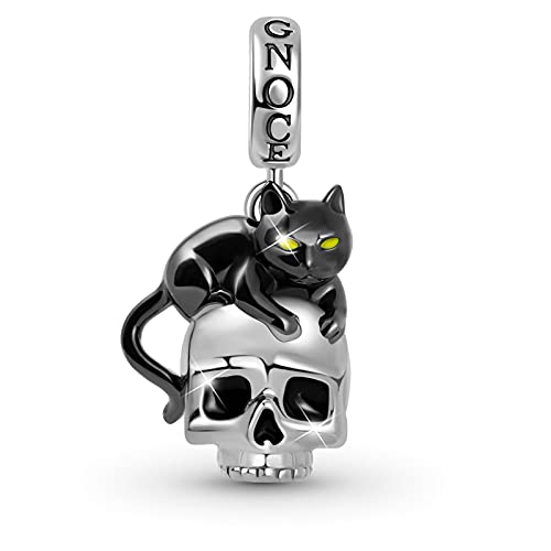 GNOCE Schwarze Katze mit Schädel Anhänger Charms 925 Sterling Silber Totenkopf Beads Charm Fit Armband/Halskette Schmuck für Frauen Mädchen Tochter von GNOCE