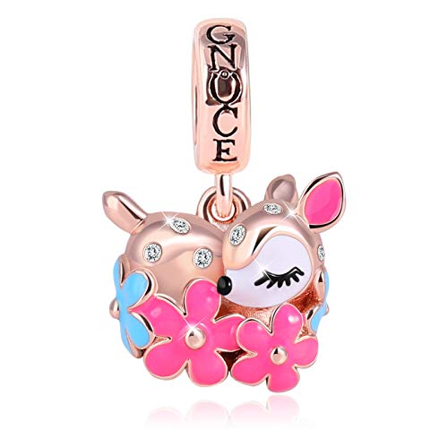 GNOCE Sika Rotwild Charm Anhänger Sterling Silber 18 Karat Roségold plattiert Dangle Charm mit Blumen Passt Alle Armband Halskette Geschenk für Frauen Mädchen von GNOCE