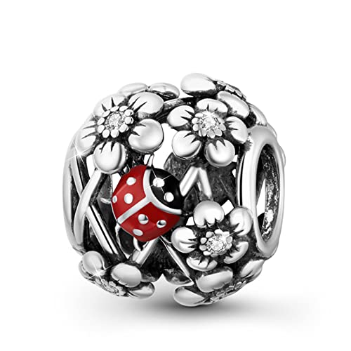 GNOCE Spiritueller Garten Charms Bead Sterling Silber Marienkäfer mit Blumen Charme Perlen Fit Armband/Halskette für Frauen Mädchen Tochter von GNOCE