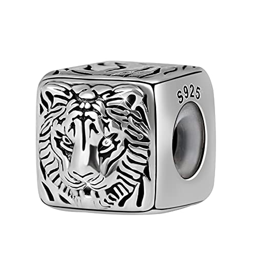 GNOCE Square Beads Charm Sterling Silber Herren Charms Fit für Armband/Halskette Wolf Tiger Eagle und Totenkopf Square Charm aus Sterling Silber Schmuck für Männer (Innendurchmesser-7mm) (Tiger) von GNOCE