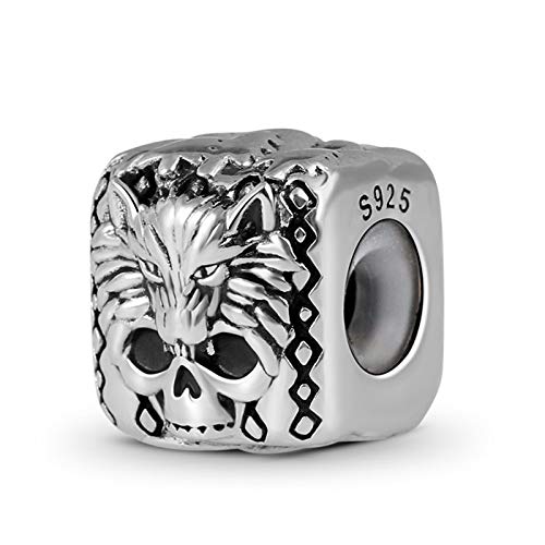 GNOCE Square Beads Charm Sterling Silber Herren Charms Fit für Armband/Halskette Wolf Tiger Eagle und Totenkopf Square Charm aus Sterling Silber Schmuck für Männer (Innendurchmesser-7mm) (Wolf) von GNOCE