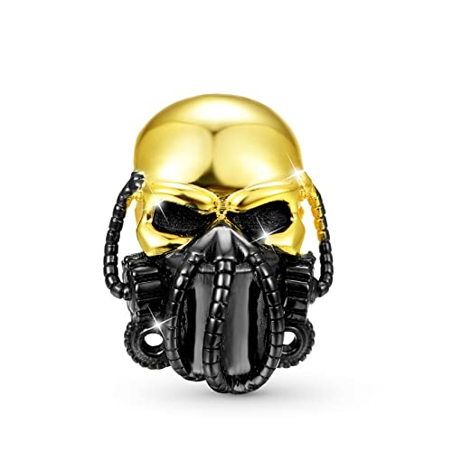 GNOCE Steampunk Schädel Charm Perle Sterling Silber 18 Karat vergoldet Schwarz Totenkopf Charms Bead Fit Armband/Halskette für Frauen Männer Mädchen von GNOCE