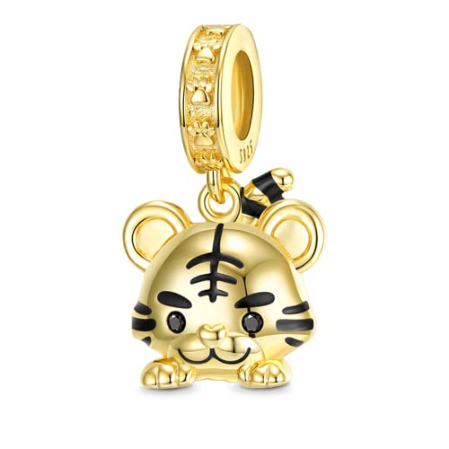 GNOCE Süßer Tier-Anhänger Charm Bead 925 Sterling Silber 18 Karat vergoldet Double-Face Tiger Dangle Charms für Armbänder Halskette Schmuck Geschenk für Muttertag (Goldener Tiger) von GNOCE