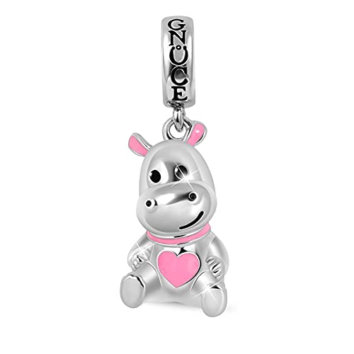 GNOCE Süßes Nilpferd Charms Anhänger aus 925 Sterling Silber Tiere mit Rosa Herz Charms für Alle europäischen Armbänder Halsketten Geschenk für Frauen Mädchen von GNOCE