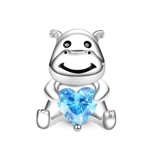 GNOCE Triceratops Umarmungen Herz Edelstein Anhänger Charm 925 Sterling Silber Tier Beads für Armbänder/Halsketten Geschenk für Frauen Mädchen Tochter (Nilpferd) von GNOCE