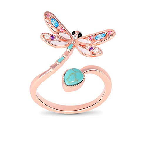 GNOCE Türkis Libelle verstellbarer Ring 18 Karat Roségold überzogen Damen offener Ring mit Bunt Zirkonia Stein Mode Schmuck für Frauen Mädchen von GNOCE