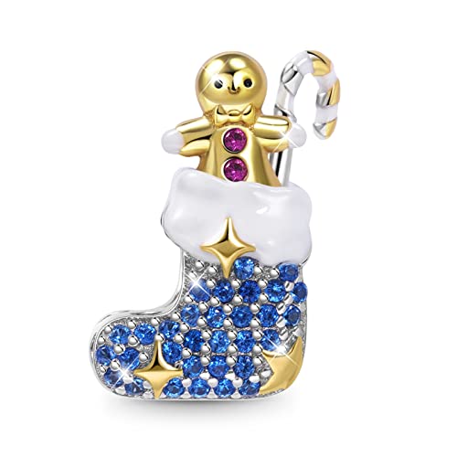 GNOCE Weihnachten Charm Bead Strumpf mit Lebkuchenmann und Zuckerstange Charms 925 Sterling Silber Schmuck Geschenk für Frauen Mädchen Tochter Fit Armband/Halskette von GNOCE