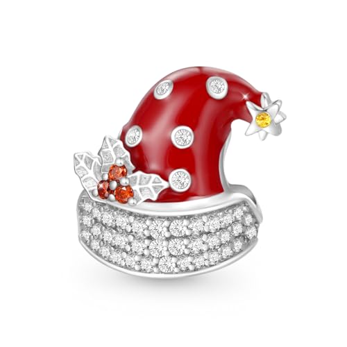 GNOCE Weihnachten Charm Perle Weihnachtsmütze Charm 925 Sterling Silber Gravierbarer individueller Geburtsstein-Herz-Charm Armband/Halskette Für Frauen Mädchen von GNOCE