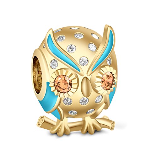 GNOCE Charm-Anhänger "Weise as Owls", 925er Sterlingsilber, gelbvergoldet, Tier-Charm-Anhänger für Frauen, passend für alle Armbänder, Geschenk für sie von GNOCE