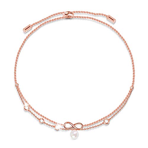 GNOCE 18K Rose Gold Überzogene Perle Liebe Fußkettchen Schloss 925 Sterling Silber Klassische Fußkettchen Armband Flexibel Verstellbar Geschenke für Mädchen/Damen von GNOCE