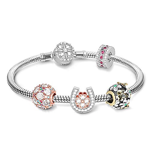 Gnoce Damen Sterling Silber Shining Vierblättriges Kleeblatt Charm Armband Mit Drei Perlen Charm und einer Herz Stopper Armband Set Geschenk für Mädchen/Frauen (Silber, 18) von GNOCE