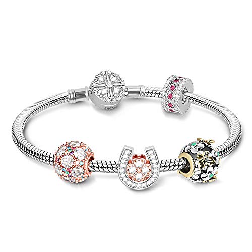 GNOCE Damen Sterling Silber Shining Vierblättriges Kleeblatt Charm Armband Mit Drei Perlen Charm und einer Herz Stopper Armband Set Geschenk für Mädchen/Frauen (Silber, 18) von GNOCE